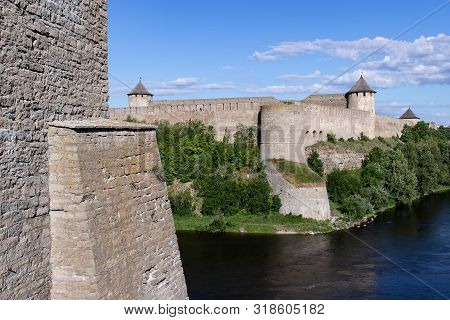 The Border Of The European Union With Russia. Medieval Fortresses In Narva And Ivangorod. Cultural H