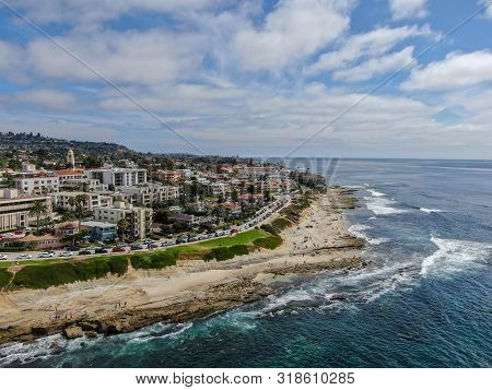 Aerial View Of La Jolla Cove, Small Picturesque Cove And Beach Surrounded By Cliffs, San Diego, Cali