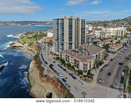 Aerial View Of La Jolla Cove, Small Picturesque Cove And Beach Surrounded By Cliffs, San Diego, Cali