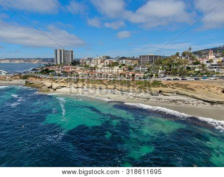 Aerial View Of La Jolla Cove, Small Picturesque Cove And Beach Surrounded By Cliffs, San Diego, Cali