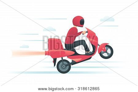 Courier On The Red Motorbike With Jet Rocket Engine. Delivery Service Or Motorcycle Racing Concept. 