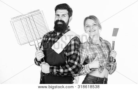 Barbeque Time. Family Weekend. Picnic Barbecue. Food Cooking Recipe. Man Bearded Hipster And Girl. P