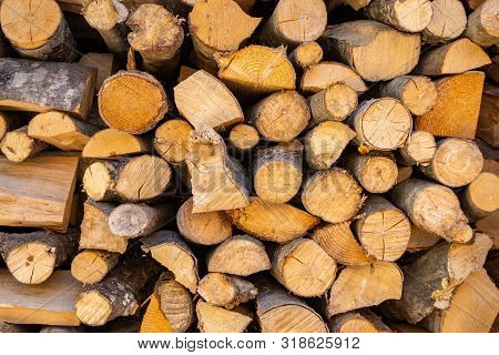 Splited Firewood For Fireplace Or Stone Campfire Stacked Together. Tree.