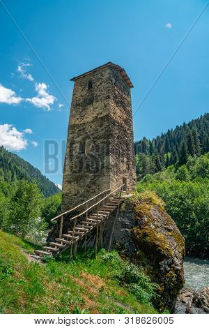 The Medieval Svan Love Tower On Enguri River, Kala Village, Samegrelo-zemo Svaneti, Georgia.