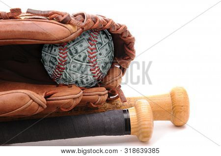 Money Ball Concept: Closeup of a Baseball Glove, and baseball made of money representing the high salaries of atheletes. two bats on white. Bills are fake miniature stage money.