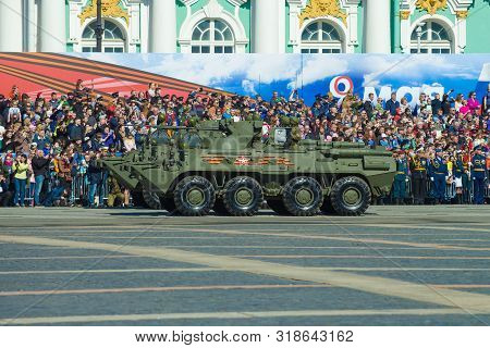 Saint Petersburg, Russia - May 06, 2018: Two Armored Personnel Carriers Btr-82a Against The Backgrou