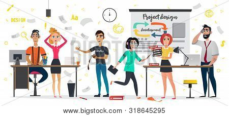 Messy Design Studio, Deadline Meeting, Work Stress Vector Illustration. Cartoon People Hurry Panic. 