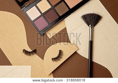 Eyeshadows, Makeup Brush And Falce Lashes. Make Up Artist, Beauty Salon, Beauty Blog Concept