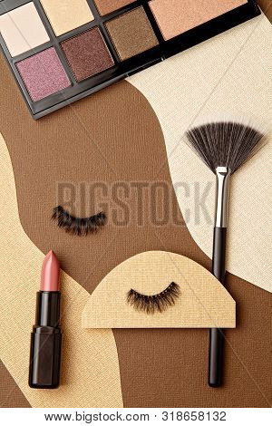 Lipstick, Eyeshadows, Makeup Brush And Falce Lashes. Make Up Artist, Beauty Salon, Beauty Blog Conce