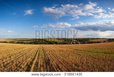 The Zvoleneves Village At Sunset. The Field After Harvesting In Sunny Day. Picture With Mowed Wheat 
