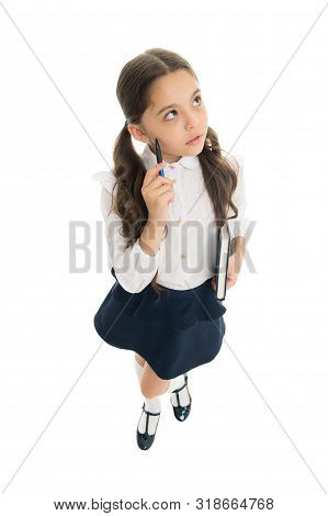 What If. Child School Uniform Kid Doing Homework. Girl School Clothes Hold Book And Pen. Girl Cute W