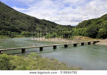 Nagaoi Low Water Bridge On Shimanto River In Kochi, Japan