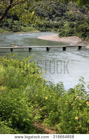 Nagaoi Low Water Bridge On Shimanto River In Kochi, Japan