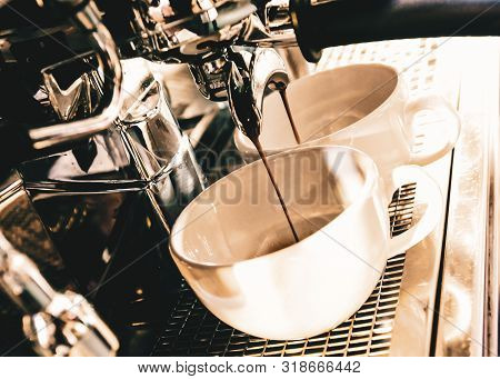 Espresso Machine Brewing A Coffee. Coffee Pouring Into Glasses In Coffee Shop, Espresso Pouring From