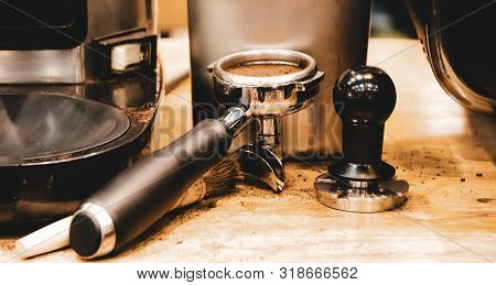 Espresso Machine Brewing A Coffee. Coffee Pouring Into Glasses In Coffee Shop, Espresso Pouring From