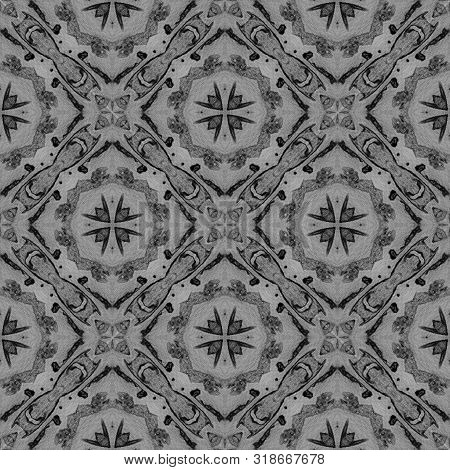Black And White Medallion Allover Seamless Pattern. Hand Drawn Watercolor Ornament. Attractive Repea