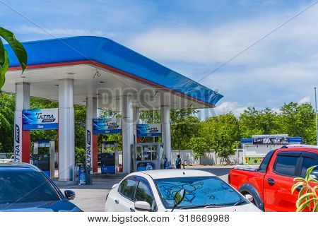 Chonburi, 15 July 2018: Ptt Gasp Station In Chonburi With Blue Sky, Thailand. Ptt Is Largest Oil Com