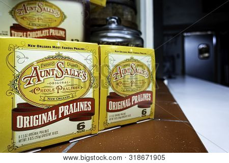 New Orleans, Usa - Dec 11, 2017: Packets Of Aunt Sallys Original Creole Pralines On Display, Outside