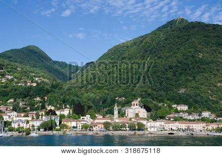 Laveno, Lake Maggiore, Italy. 16th August 2019. The Mountain Of Sasso Del Ferro Viewed From Lake Mag