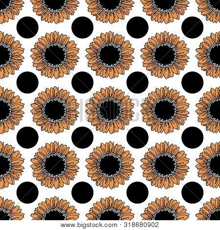 Seamless Pattern With Hand Drawed Sunflawer Polka Dot