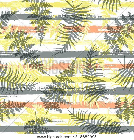 Cute New Zealand Fern Frond And Bracken Grass Overlapping Stripes Vector Seamless Pattern. Bali Exot