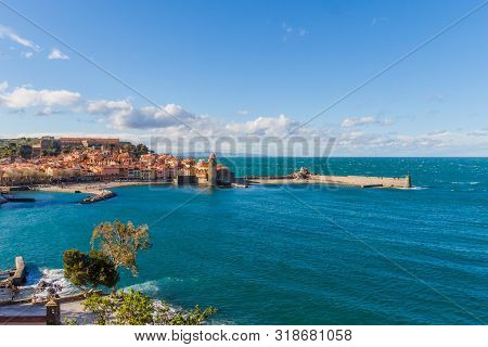 View of the harbor and the church of Colliure, southern France