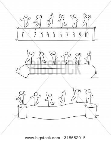 Sketch Of Little People Standing On Stationery. Doodle Cute Miniature Scene With Office Supply. Hand