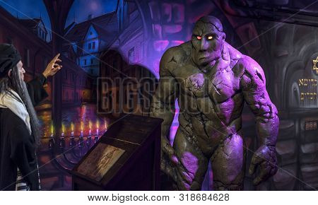Prague, Czech Republic - December 2018: Golem Plot In Madame Tussauds Museum