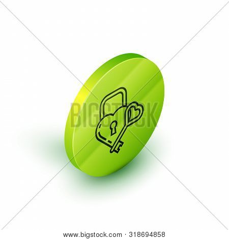 Isometric Line Castle In The Shape Of A Heart And Key Icon Isolated On White Background. Locked Hear