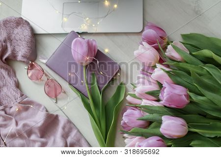 Flat Lay Canddle Laptop Plaid, Pink Tulips White Surface.