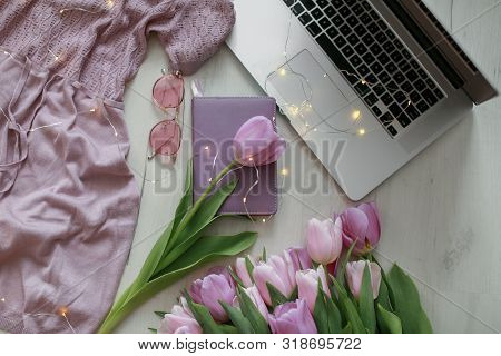 Flat Lay Canddle Laptop Plaid, Pink Tulips White Surface.