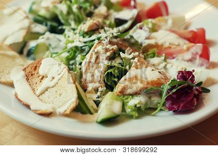 Delicious Salad With Grilled Chiken And Fresh Vegetables, Food Background