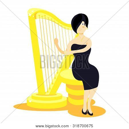 Golden Shiny Standing Harp. Gold Harp. Modern Flat Cartoons Style Vector Illustration Icons. Isolate