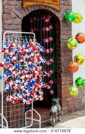 Mongui, Colombia - August, 2019: Traditional Factories And Stores Of Soccer Balls At The Beautiful S