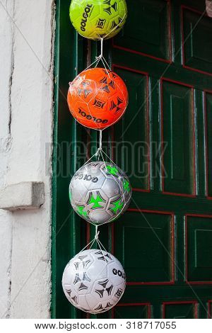 Mongui, Colombia - August, 2019: Traditional Factories And Stores Of Soccer Balls At The Beautiful S