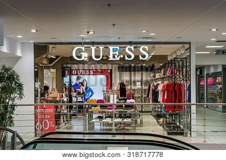 Thessaloniki, Greece - August 24 2019: Guess Outlet Retailer Store Interior. Clothing Brand Store Wi