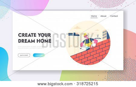 Man Builder Working At Construction Site Website Landing Page. Worker Wearing Helmet And Uniform Hol