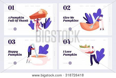 Pumpkin Home Food Menu Website Landing Page Set. Tiny Male And Female Characters Cooking And Eating 