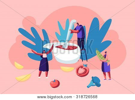 Family Cooking Process, Tiny Male Character Stand On Chair Mixing Tomato Sauce With Huge Spoon In Gr