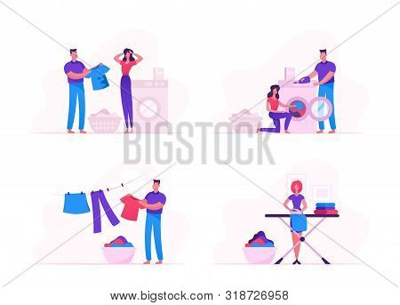 Household Activity Concept With Male And Female Characters Loading Dirty Clothes To Washing Machine,
