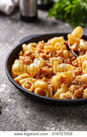 Pasta Bolognese With Meat Sauce. Tradidtional Italian Dish
