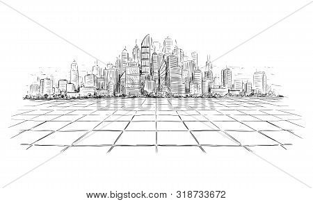 Vector Artistic Sketchy Pen And Ink Drawing Illustration Of Generic City High Rise Cityscape Landsca