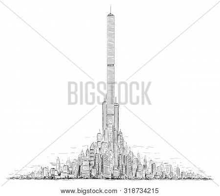 Vector Artistic Sketchy Pen And Ink Drawing Illustration Of Generic City High Rise Cityscape Landsca
