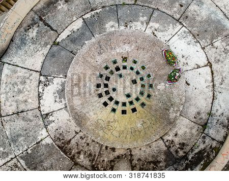 Bojiste, Bosnia And Herzegovina - July 15, 2019. Concrete Monument Spomenik Na Korcanici In Grmec Mo