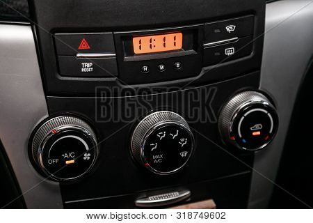 Novosibirsk, Russia - August 01, 2019:   Ssangyong
Actyon, Modern Black Car Interior: Climat Control