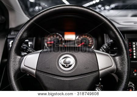 Novosibirsk, Russia - August 01, 2019:   Ssangyong
Actyon, Close-up Of The Dashboard, Speedometer, T