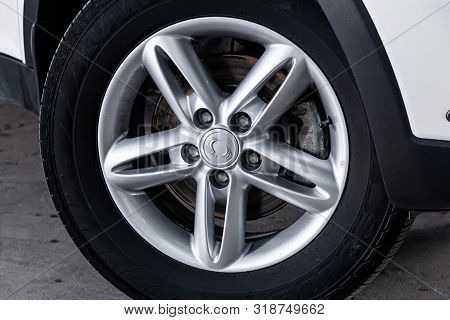 Novosibirsk, Russia - August 01, 2019:   Ssangyong
Actyon, Close-up Of The Bumper, Alloy Wheel, Car 