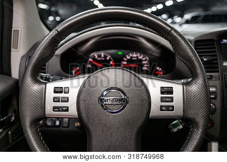Novosibirsk, Russia - August 01, 2019:  Nissan Pathfinder, Close-up Of The Dashboard, Speedometer, T