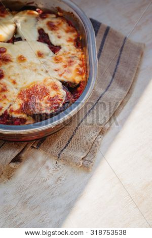 Eggplant Alla Parmigiana Melanzane Close Up In Baking Dish. Horizontal. Delicious Eggplant Alla Parm