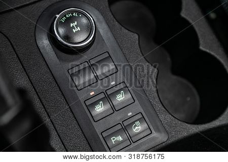 Close-up Of Seat Heating, Parking Brake,  2wd, Auto, Lock , Heated Steering Wheel  Buttons. Modern C